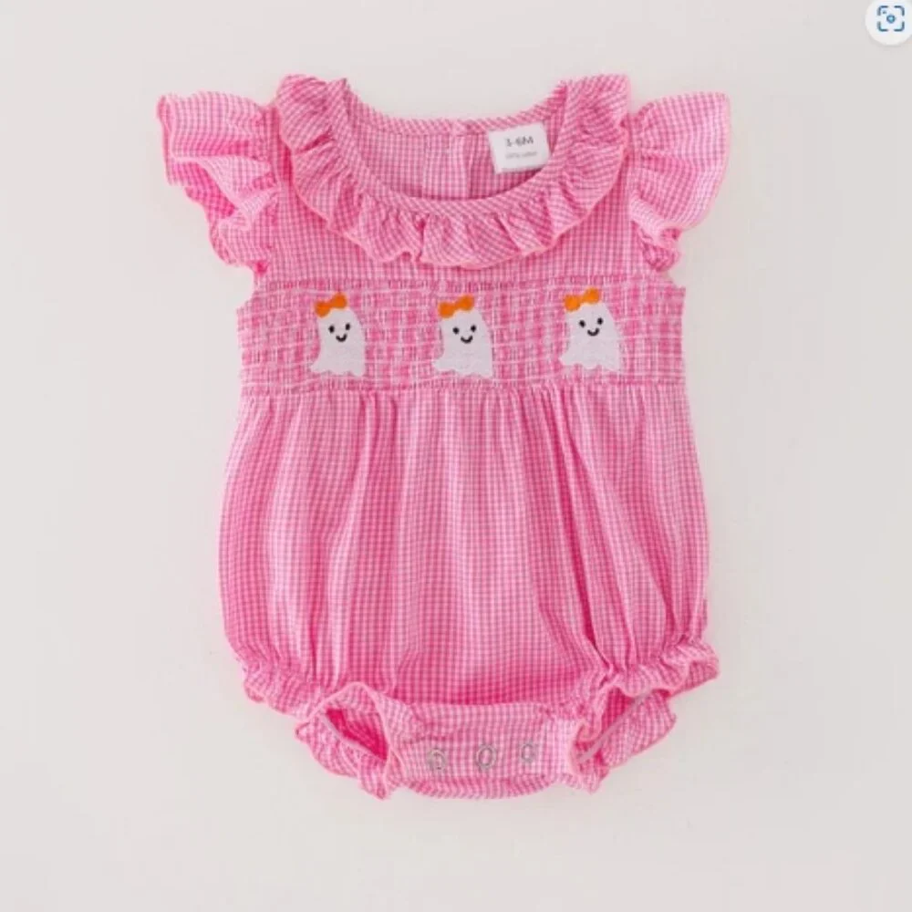 Pink Gingham Baby One-Piece Romper with Smocked Ghost Embroidery